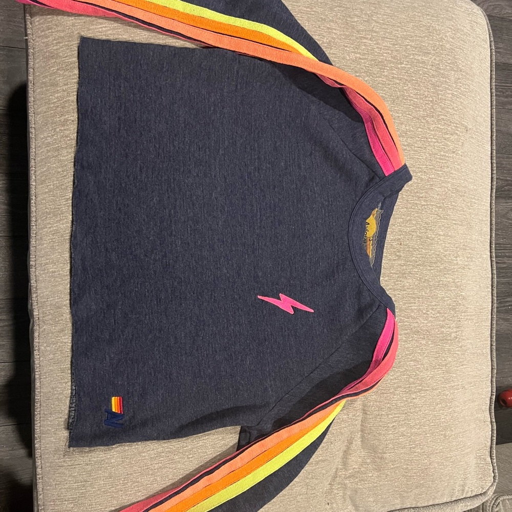 Aviator Nation Navy cropped sweatshirt with Neon atripes